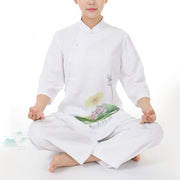 Buddha Stones 2Pcs White Lotus Flower Leaf Half Sleeve Shirt Top Pants Meditation Zen Tai Chi Linen Clothing Women's Set 1