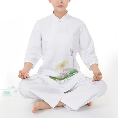 Buddha Stones 2Pcs White Lotus Flower Leaf Half Sleeve Shirt Top Pants Meditation Zen Tai Chi Linen Clothing Women's Set 1