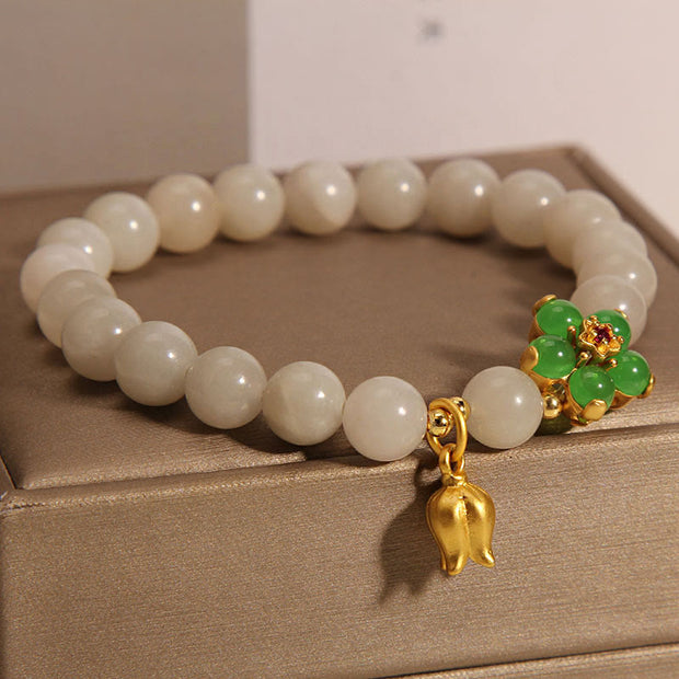 Buddha Stones Natural Jade Green Flower Lily Of The Valley Luck Bracelet