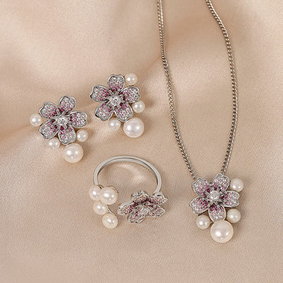 Buddha Stones Cherry Blossom Sakura Design Pearl Healing Necklace Pendant Ring Earrings Set