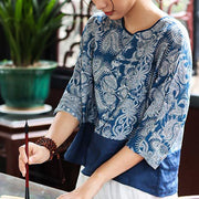 Buddha Stones Blue Flowers Three Quarter Sleeve Top Casual Tee T-shirt 8