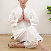 Buddha Stones 2Pcs V-Neck Three Quarter Sleeve Shirt Top Pants Meditation Zen Tai Chi Cotton Linen Clothing Women's Set 22