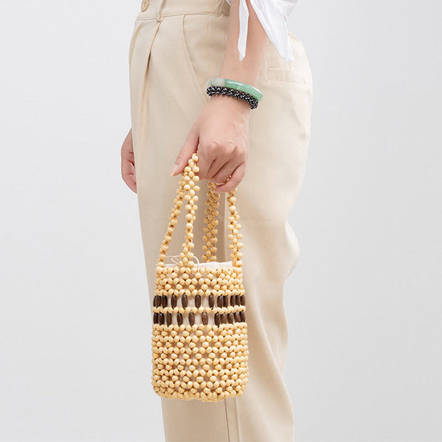 Buddha Stones Hand-woven Bucket Portable Wooden Beads Handbag Handbags BS 12