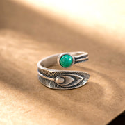 Buddha Stones 925 Sterling Silver Malachite Bead Feather Protection Ring