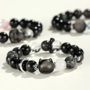Buddha Stones Natural Silver Sheen Obsidian Cat Head Fox Planet Protection Bracelet