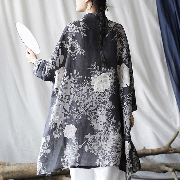 Buddha Stones Blue White Flowers Frog-Button Long Sleeve Ramie Linen Jacket Shirt With Pockets 4
