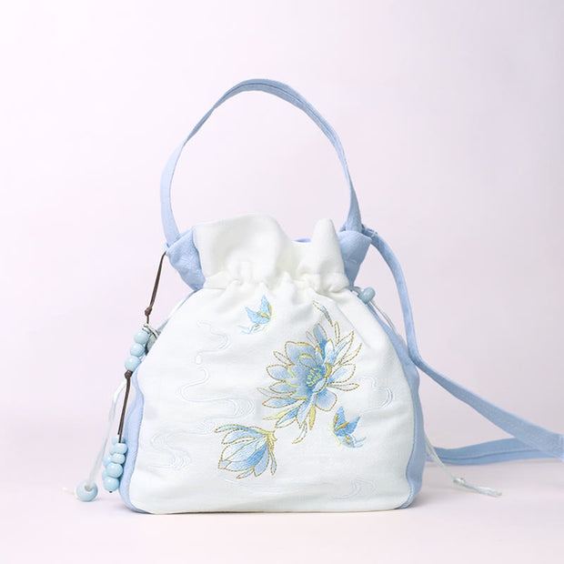 Buddha Stones Embroidered Butterfly Lotus Magnolia Cotton Linen Tote Crossbody Bag Shoulder Bag Handbag Crossbody Bag BS Light Blue Butterfly Lotus 20*20*7cm