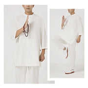Buddha Stones 2Pcs Buttons Men's Three Quarter Sleeve Shirt Top Pants Meditation Zen Tai Chi Cotton Linen Clothing Set 5