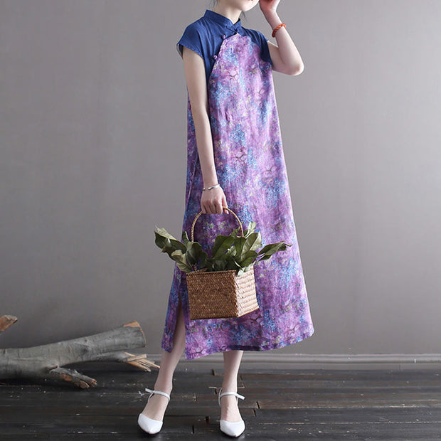 Buddha Stones Vintage Purple Flower Print Ramie Linen Cheongsam Midi Dress With Pockets Cheongsam Dresses BS 12