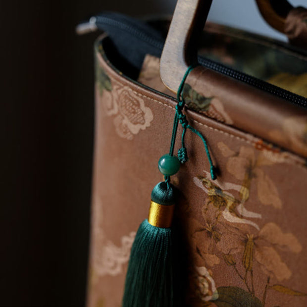 Buddha Stones Vintage Brown Flowers Green Bamboo Leaves Wood Handles Zipper Handbag Handbags BS 6