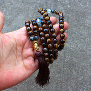 Buddha Stones Tibetan Tiger Eye Buddha Strength Power Beaded Tassel Pendant Necklace
