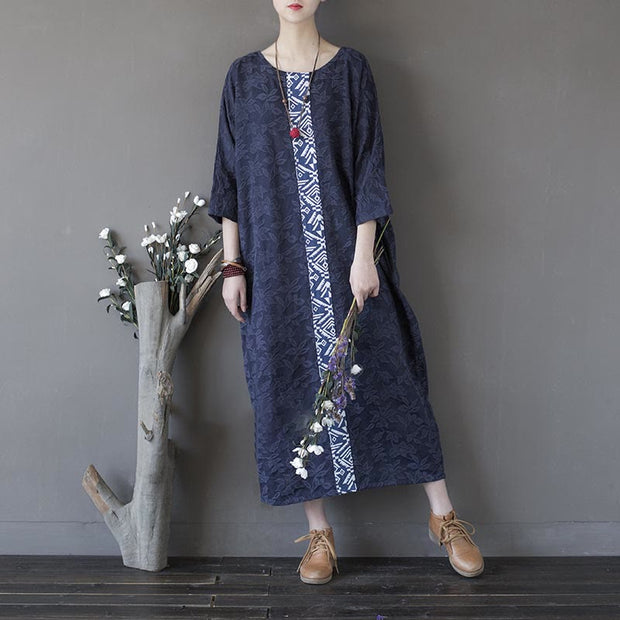Buddha Stones Blue Flowers Embroidery Jacquard Midi Dress Three Quarter Sleeve Cotton Dress With Pockets 2