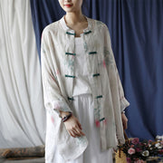 Buddha Stones White Red Flowers Green Leaves Frog-Button Long Sleeve Ramie Linen Jacket Shirt 16