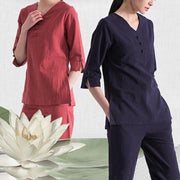 Buddha Stones Yoga Meditation Prayer V-neck Design Cotton Linen Clothing Uniform Zen Practice Women's Set Clothes BS 17