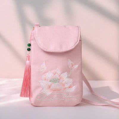 Buddha Stones Small Embroidered Flowers Crossbody Bag Shoulder Bag Double Layer Cellphone Bag Crossbody Bag BS Pink Water Lily 13.5*19.5*2.5cm