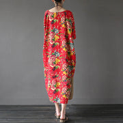 Buddha Stones Red Peony Flowers Printed Midi Dress Half Sleeve Cotton Linen Dress