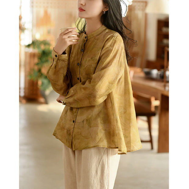 Buddha Stones Flower Leaves Printed Loose Ramie Linen Long Sleeve Shirt Top Clothing