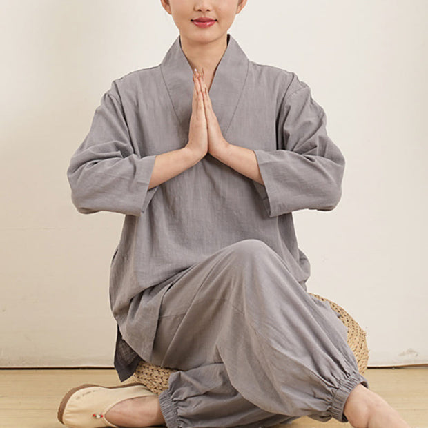 Buddha Stones 2Pcs V-Neck Three Quarter Sleeve Shirt Top Pants Meditation Zen Tai Chi Cotton Linen Clothing Women's Set 2
