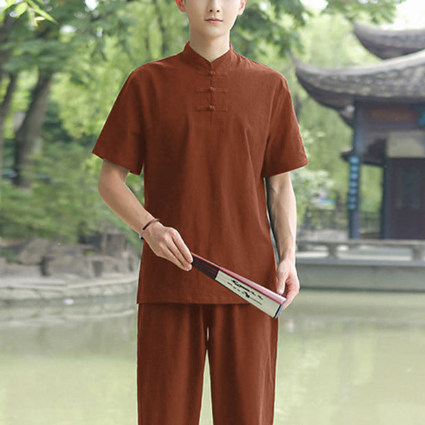 Buddha Stones 2Pcs Men's Short Sleeve Shirt Top T-Shirt Pants Meditation Zen Tai Chi Cotton Linen Clothing Set Men's Meditation Cloth BS Brown(Top&Pants) 6XL(Bust 138cm/Waist 86-150cm/Hips 144cm)