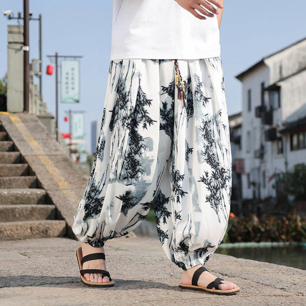 Buddha Stones Bamboo Leaves Pattern Loose Men's Harem Pants With Pockets