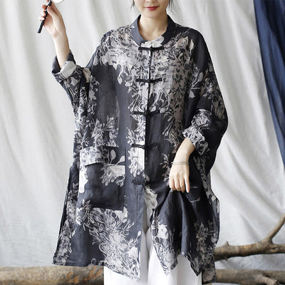 Buddha Stones Blue White Flowers Frog-Button Long Sleeve Ramie Linen Jacket Shirt With Pockets 1