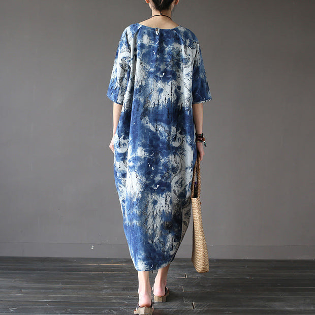 Buddha Stones Ink Tie Dye Midi Dress Three Quarter Sleeve Cotton Linen Dress With Pockets 4