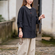 Buddha Stones Retro Zen Design Long Sleeve Shirt Ramie Linen Jacket With Pockets
