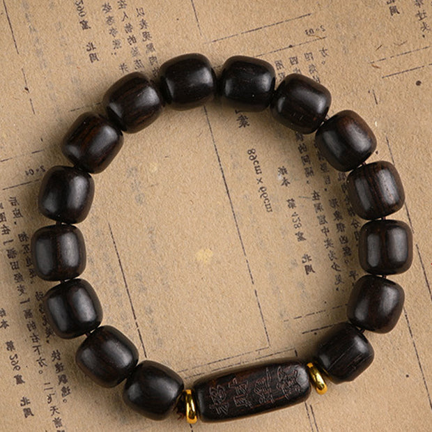 Buddha Stones Tibetan Ebony Wood Barrel Beads Lucky And Treasure Balance Bracelet 14