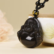 Buddha Stones Natural Black Obsidian Ice Obsidian Laughing Buddha Purification Necklace Pendant Necklaces & Pendants BS 12