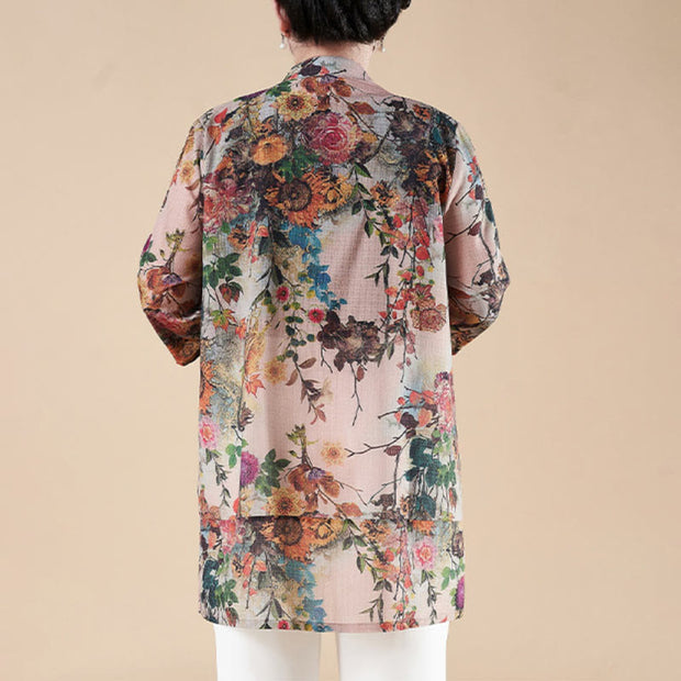 Buddha Stones Flowers Abstract Patterns Button Design Linen Shirt