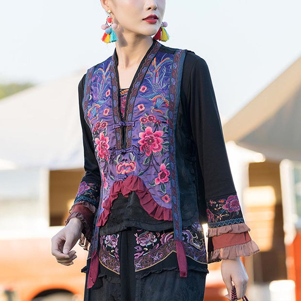 Buddha Stones Vintage Embroidery Flower Pattern Tang Suit Design Vest