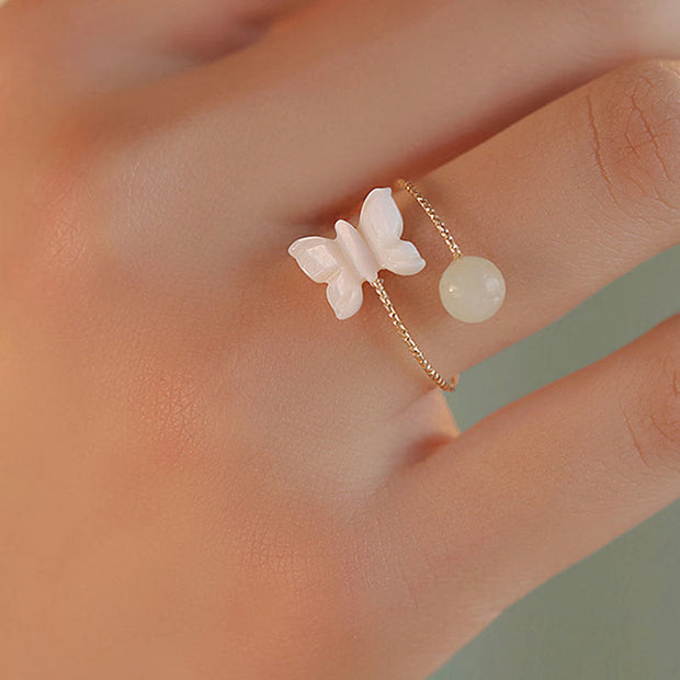 Buddha Stones 14k Gold Plated Round Hetian Jade Tridacna Stone Peach Blossom Flower Butterfly Prosperity Adjustable Ring (Extra 35% Off | USE CODE: FS35) - image 6