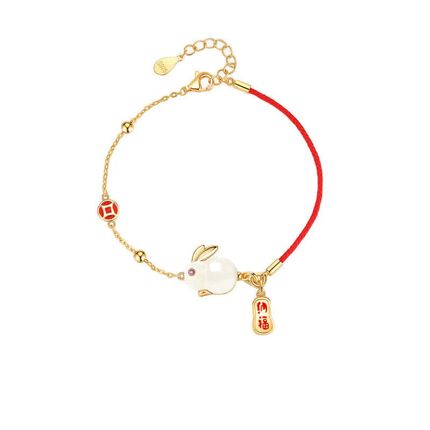 Buddha Stones Year of the Rabbit White Jade Happiness Red String Chain Bracelet