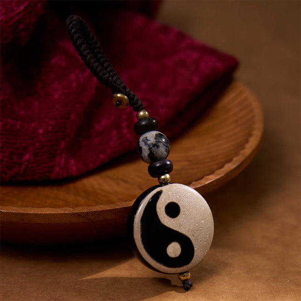 Buddha Stones Natural Agate Yin Yang Dzi Bead Balance Keychain Key Chain BS 3