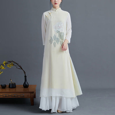Buddha Stones 2Pcs Peony Flower Cheongsam Midi Dress Skirt Chiffon Zen Clothing Women's Set