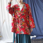 Buddha Stones Ethnic Style Northeast Red Flower Peony Print Cotton Linen Lace Up Jacket 2