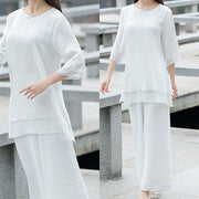 Buddha Stones 2Pcs Simple Design White Top Pants Meditation Yoga Zen Tai Chi Cotton Linen Clothing Women's Set Clothes BS 2