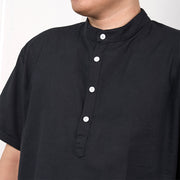 Buddha Stones Men's Plain Color Short Sleeve Half Button Cotton Linen Shirt Men's Shirts BS 4