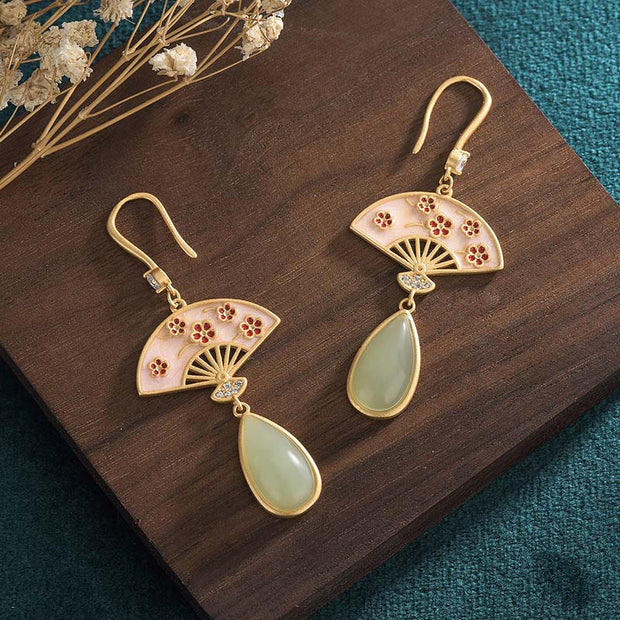 Buddha Stones Natural Green Aventurine Fan Pattern Luck Drop Earrings Earrings BS 7