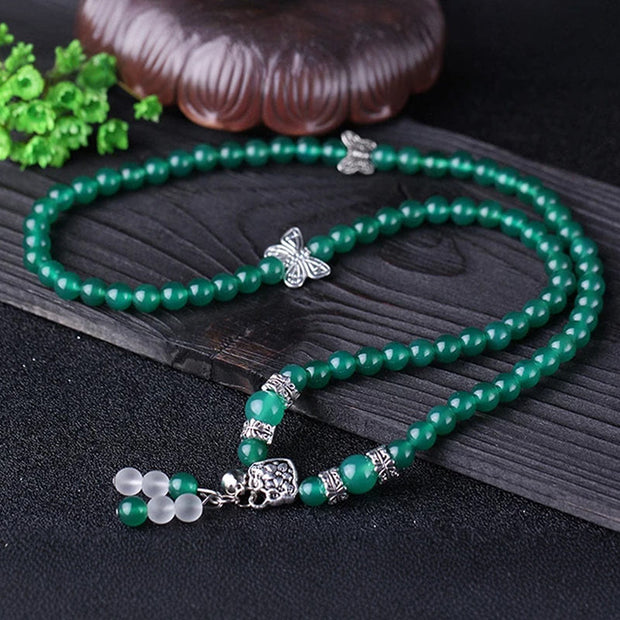 Buddha Stones 108 Mala Beads Natural Green Agate Butterfly Support Bracelet
