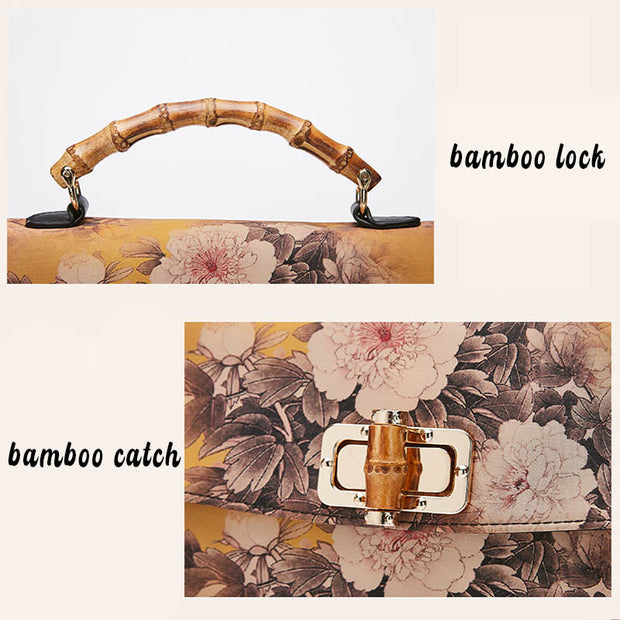 Buddha Stones Flower Pattern Bamboo Handle Metal Chain Crossbody Bag Handbags