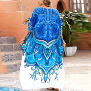 Buddha Stones Summer Boho Blue White Print Maxi Dress Cover-Up Slit Design