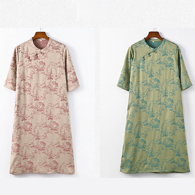 Buddha Stones Half Sleeve Jacquard Cheongsam Midi Dress With Pockets