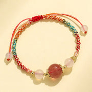 Buddha Stones Strawberry Quartz Pink Crystal Prehnite White Agate Bead Healing Rope Bracelet 3