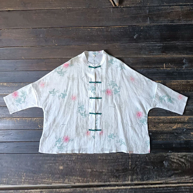Buddha Stones White Red Flowers Green Leaves Frog-Button Long Sleeve Ramie Linen Jacket Shirt 14