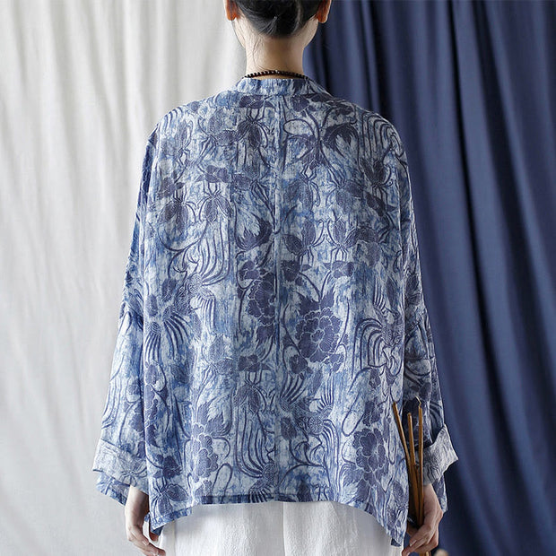 Buddha Stones Retro Blue White Flowers Frog-Button Design Long Sleeve Ramie Linen Jacket Shirt 4
