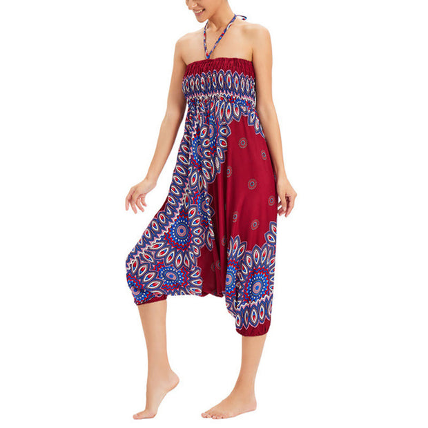Buddha Stones Two Style Wear Sunflower Loose Smocked Harem Trousers Jumpsuit High Waist Pants