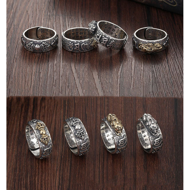 Buddha Stones Tibetan 990 Sterling Silver Om Mani Padme Hum PiXiu Dorje Vajra Heart Sutra Engraved Wealth Ring