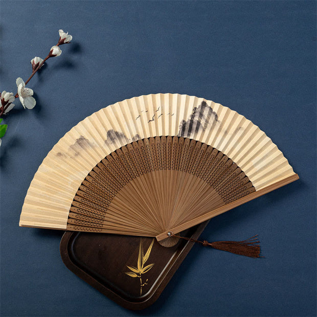 Buddha Stones Lotus Dragonfly Wild Geese Plum Blossom Handheld Silk Bamboo Folding Fan 22.5cm 8