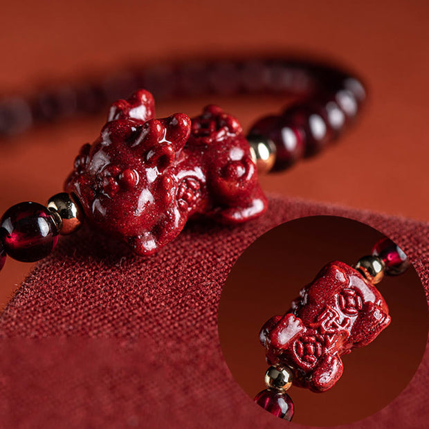 Buddha Stones Garnet Cinnabar PiXiu Blessing Calm String Bracelet